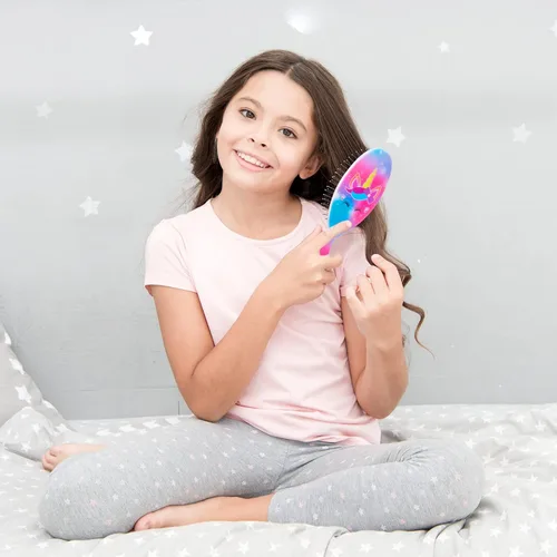 Vista 7 de Cepillo de pelo para niñas y niños pequeños, cepillo desenredante para cabello rizado y grueso, sin dolor, peine para niñas y mujeres, unicornio
