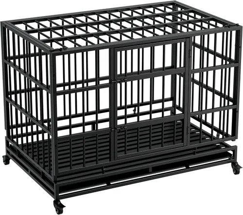 Vista 9 de Jaula plegable indestructible para perros con ruedas, jaula de metal resistente a prueba de escapes de 48 pulgadas para perros grandes y medianos