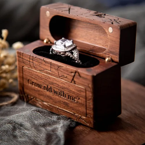 Vista 5 de MUUJEE Grow Old With Me Engraved Wooden Ring Box, Slim Engagement Proposal Ring Holder, Wedding Ceremony Ring Bearer Box, Fiance Gift Ideas