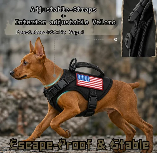 Vista 3 de Arnés táctico para perro pequeño, a prueba de escapes, chaleco militar para perro con mango vertical, arnés ajustable XS para cachorros con Negro