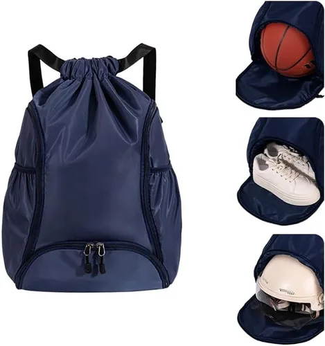 Vista 11 de Mochila deportiva con cordón, bolsa de gimnasio impermeable para mujeres y hombres, paquete de baloncesto con compartimento para zapatos, Negro