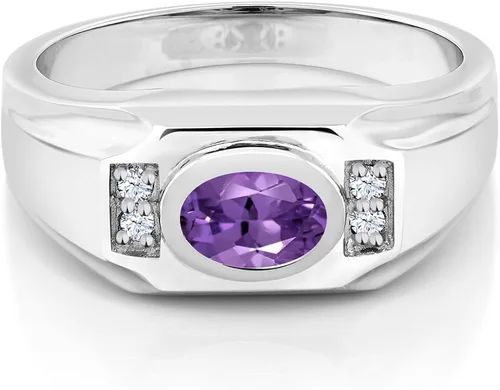 Vista 2 de Gem Stone King Anillo de plata de ley 925 ovalado de amatista púrpura y zafiro creado en blanco para hombre (1.26 quilates) disponible 7, 8, 9, 10