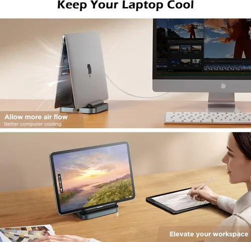 Vista 8 de Soporte vertical para laptop, 3 ranuras para ahorrar espacio, soporte de escritorio de aluminio con base ajustable compatible con MacBook Surface