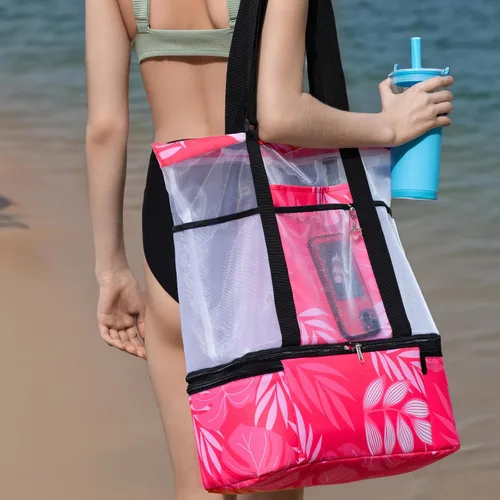 Vista 11 de L'OLGA Bolsa grande de malla con enfriador aislado desmontable, bolsa de fin de semana de playa