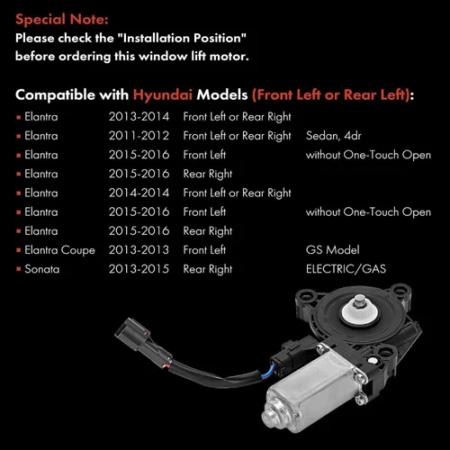 Vista 4 de Motor de elevación de ventana eléctrica A-Premium (con conector de 2 pines) Compatible con Hyundai Elantra Coupe 2013, Elantra 2011-2016, Sonata