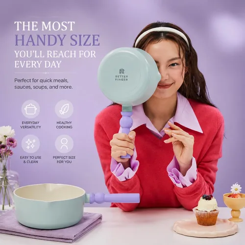 Vista 5 de Better Finger - Mini wok de 7 pulgadas con 2 boquillas de vertido, sartén para leche con revestimiento de cerámica antiadherente de 2.2 cuartos