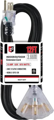 Vista 8 de EP Cable de extensión de 3 pies, 12/3 SJTW 3 tomas de corriente eléctrica Negro