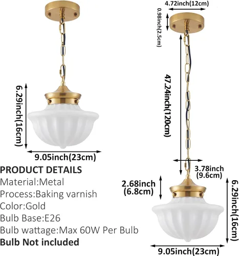 Vista 3 de youngrender Accesorios de Lámpara Colgante Estilo Escuela, Lámpara Colgante de Cristal Lechoso Dorado de Latón de 9", Iluminación Colgante de Techo