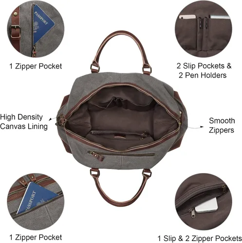 Vista 11 de S-ZONE - Bolsa de viaje de lona sobredimensionada con adornos de cuero genuino, bolsa deportiva de hombro de fin de semana, bolso de fin de semana