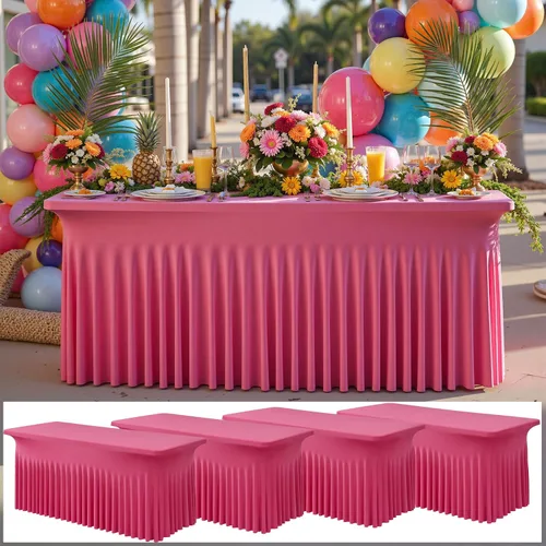 Vista 20 de Paquete de 2 manteles de elastano azul bebé de 6 pies con falda de mesa con volantes, manteles ajustables elásticos sin arrugas para mesas