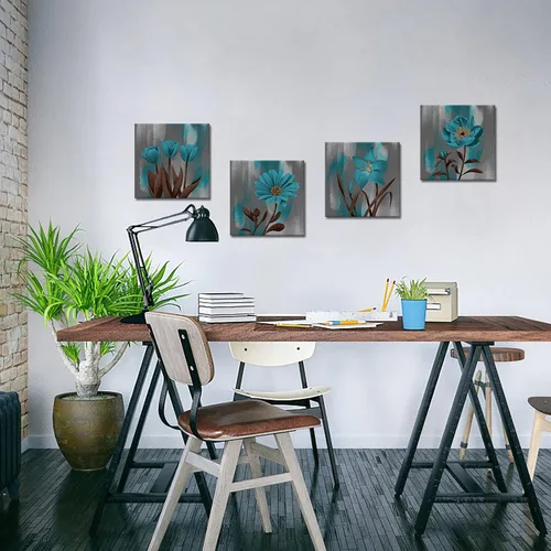 Vista 3 de Biuteawal Pintura artística de pared de flores color verde azulado, azul turquesa, impresión floral sobre lienzo, 4 paneles, naturaleza muerta, obra