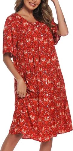 Vista 2 de Vestido de casa para mujer, camisones de algodón con botones y bolsillos, S-XXL