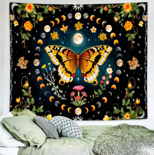 Vista 2 de Delur Tapiz de mariposa y luna, flores, botánico, floral, bohemio, tapiz para colgar en la pared, mandala estético, hongo, retro, vintage, cabecero