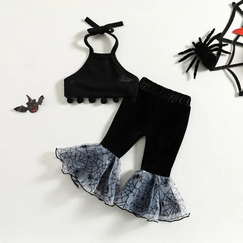 Vista 8 de Conjunto de 2 piezas para bebé niña pequeña, camiseta de manga corta con letras, pantalones acampanados, pantalones acampanados, ropa de festival