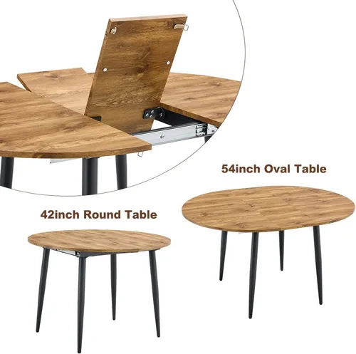 Vista 7 de FURNITO Juego de mesa de comedor de madera para 4, mesa extensible redonda a ovalada de 42 a 54 pulgadas con 4 sillas de tela, juego de comedor 4