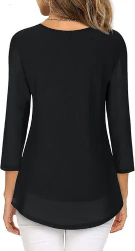 Vista 4 de Hount Blusa casual de manga 34 para mujer, blusa plisada suelta, camisa de malla de doble capa