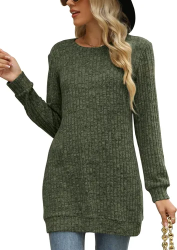 Vista 2 de Auremore Suéteres para mujer, manga larga, cuello redondo, sueltos, casuales, túnica