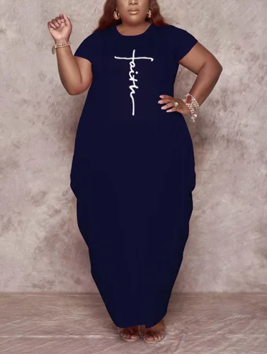 Vista 4 de Fooullaide Vestido casual de talla grande para mujer, de verano, manga corta, cuello en V, suelto, de gran tamaño, vestidos largos con bolsillo