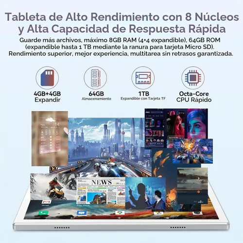 Vista 2 de Tableta Android 14 2025 Tablets más recientes, tableta de 10 pulgadas (4+4) GB RAM 64 GB ROM 1 TB de expansión, tabletas 2 en 1 con teclado, Plateado