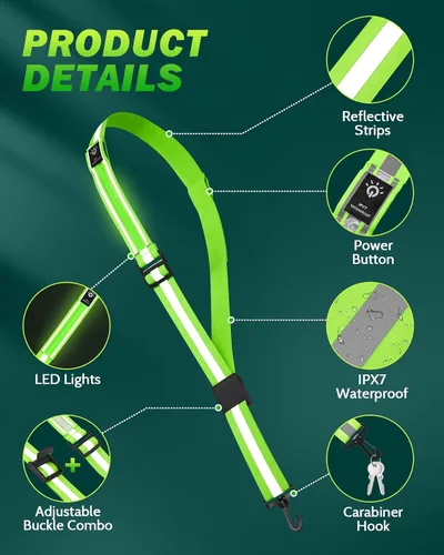 Vista 6 de Fitense LED Reflective Belt Sash - 5 Lights Colors & 3 Light Modes High Visibility Night Safety Belt, Rechargeable Light Up Running Gear Adjustable