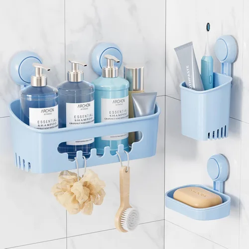 Vista 11 de LEVERLOC Organizador de ducha con ventosa, estante de baño negro con gancho y soporte para jabón, organizador de baño sin taladro