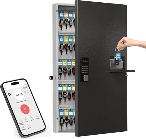 Vista 7 de Caja de 32 llaves con cerradura para llaves – Armario de llaves montado en la pared con doble cerradura (combinación de llave y 3 dígitos), estantes