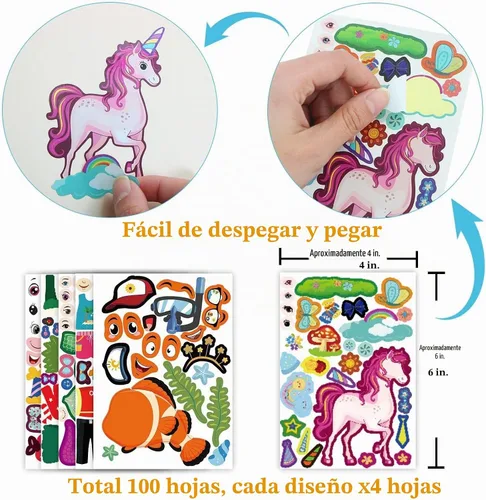 Vista 3 de Paquete de 100 calcomanías para hacer tu propia cara de animal, 25 diseños, divertidas calcomanías de cara de princesa princesa princesa para niños