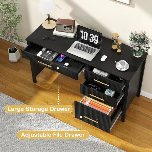 Vista 5 de Escritorio ejecutivo moderno con cajones: escritorios negros de oficina en casa de 54 pulgadas con cajón de archivos, escritorio de madera acanalada