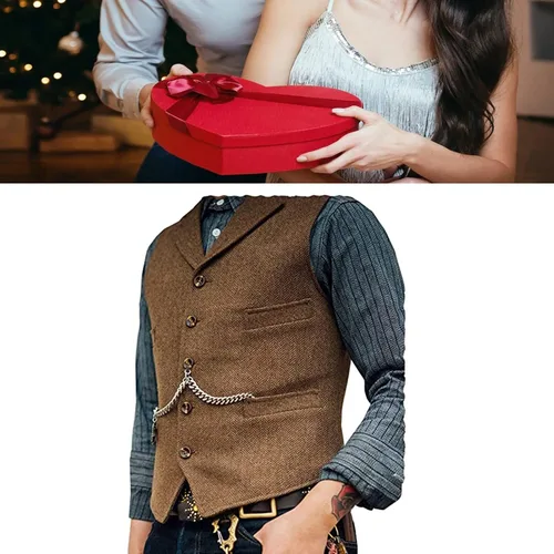 Vista 7 de Chaleco clásico de lana en espiga para hombre, casual, sin mangas, chaqueta de Tweed, chaleco de vestir para boda y novio, talla grande
