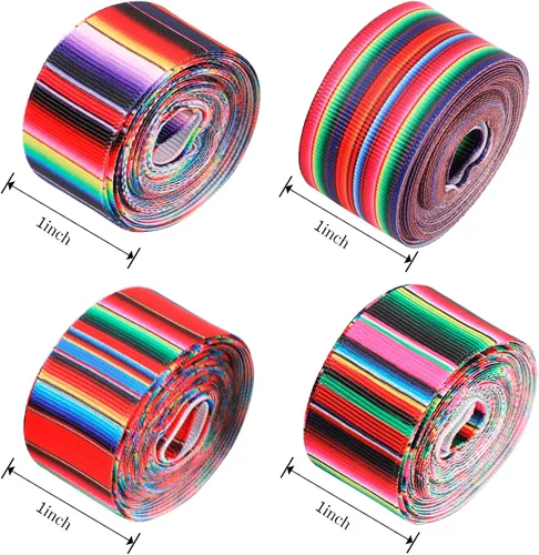 Vista 4 de WILLBOND 6 rollos de cintas de serape con rayas arcoíris mexicanas de 1 pulgada, cinta colorida de grogrén para fiestas, manualidades, decoración