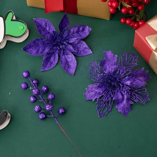 Vista 3 de 24 adornos de árbol de Navidad de flor de pascua con purpurina púrpura y tallos de bayas con purpurina, 16 flores artificiales de Navidad y 8 piezas