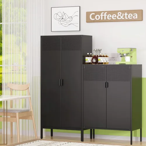 Vista 70 de Gabinete de almacenamiento de metal ancho negro, gabinete de acento de 2 puertas para el hogar y la oficina, gabinete de metal bajo de 2 niveles