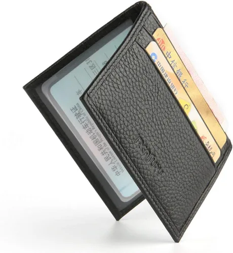 Vista 2 de Cartera de piel súper delgada negra para hombres o mujeres, soportes finos para dinero, carteras para tarjetas de identificación con 8 ranuras