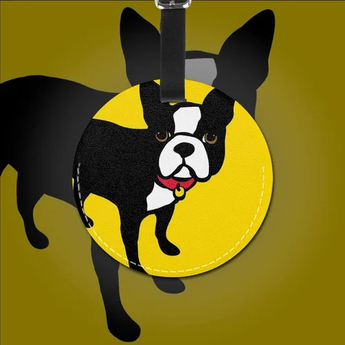 Vista 2 de Etiqueta de identificación redonda de cuero para equipaje Boston Terrier y Bulldog francés, etiqueta de maleta de viaje, 4