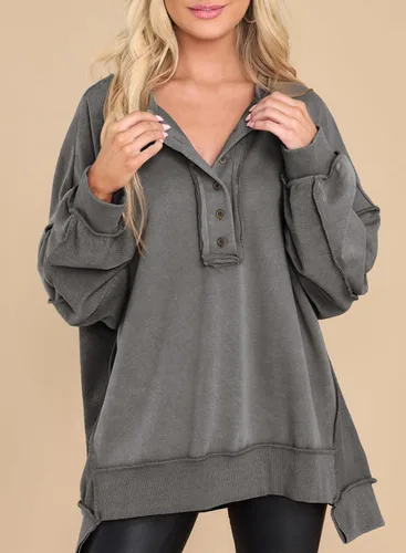 Vista 43 de AlvaQ - Sudadera de gran tamaño para mujer, informal, de manga larga, con botones y cuello Henley, tipo túnica