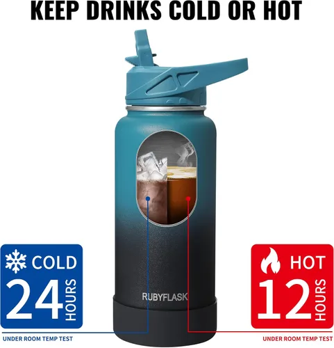 Vista 4 de RUBYFLASK - Botella de agua aislada con pajilla, jarra de agua al vacío de acero inoxidable, 24 onzas, botella con 3 tapas a prueba de fugas