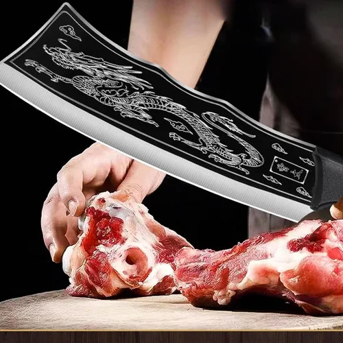 Vista 7 de Cuchillo de asesinato de dragón, Chopper tallado en forma de dragón, cuchillo de cocina Afilado, cuchillo de dragón negro, versión japonesa de acero