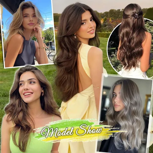 Vista 5 de 4 piezas de extensiones de cabello rizado con clip, color dorado oscuro, mezcla de rubio beige, sintético de 20 pulgadas de largo, extensiones