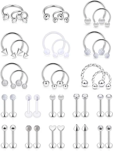 Vista 5 de SCERRING Anillos de labio de acero inoxidable de 0.66 oz (16 g) de herradura Labret Monroe, anillos de labio para uñas, tragus rook, hélice