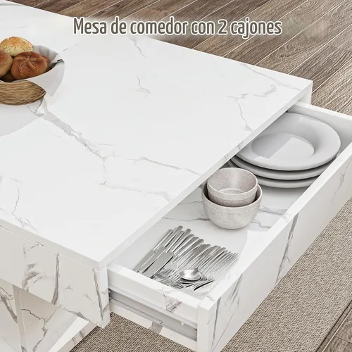 Vista 7 de Mesa de comedor de 55 pulgadas para 4 a 6 personas, mesa de comedor de madera de granja con cajones y almacenamiento abierto para cocina, comedor