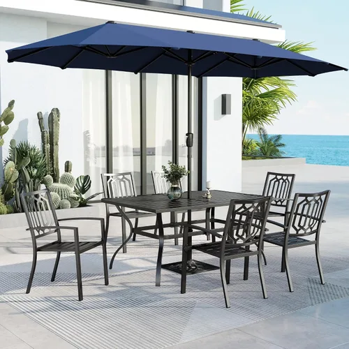 Vista 47 de MFSTUDIO Juego de mesa de comedor para patio al aire libre con paraguas, 4 sillas giratorias y 1 x 37 cuadrado Bistro forjado Iorn Slat mesa grande
