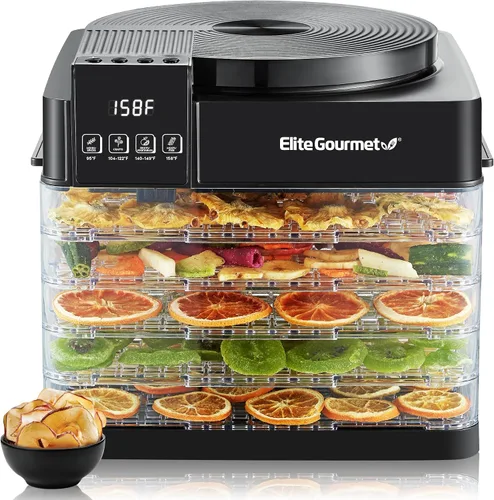 Vista 9 de Elite Gourmet - Deshidratador de alimentos, bandejas de acero inoxidable, controles de temperatura ajustables, aperitivos de jerky, hierbas, frutas