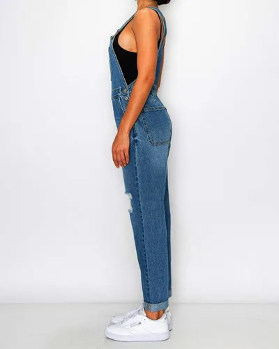 Vista 2 de Love Moda Overol de mezclilla de pierna recta 100% algodón para mujer