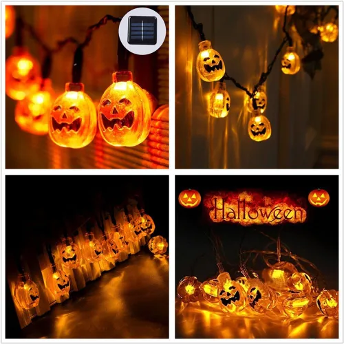 Vista 2 de YBB Tira de luces solares de calabaza, impermeable, decoración de Navidad, 20 luces LED parpadeante/modos de encendido constante, linterna
