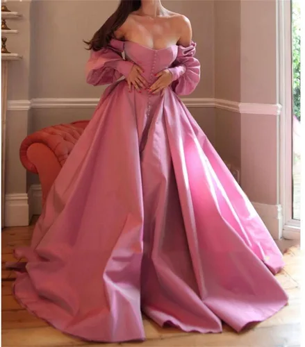 Vista 3 de Vestido de fiesta de princesa de manga larga hinchada para mujer, vestido de fiesta formal de satén, vestido de noche de boda