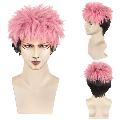 Vista 5 de Itadori Yuji - Peluca corta en capas de anime negro y rosa, resistente al calor, sintética, para Halloween, cosplay, fiesta de disfraces