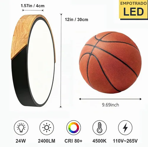 Vista 2 de Lámpara de techo empotrada, lámpara de techo LED de 12 pulgadas, blanco mate con madera, 4500K/24W (equivalente a 150W), lámparas de techo