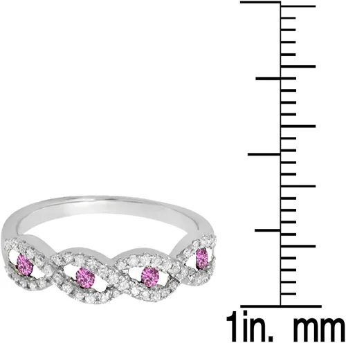 Vista 3 de Anillo de boda apilable de oro de 10 quilates con zafiro rosa y diamante blanco para mujer, zafiro rosa, Zafiro