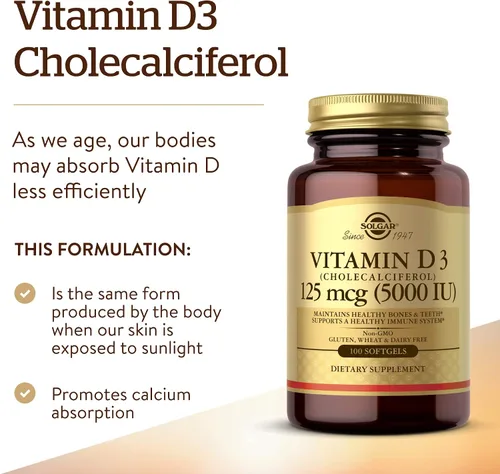 Vista 3 de Solgar - Vitamina D3 (colecalciferol) 125 MCG (5000 UI), 100 cápsulas blandas - Ayuda a mantener huesos y dientes sanos - Apoyo al sistema