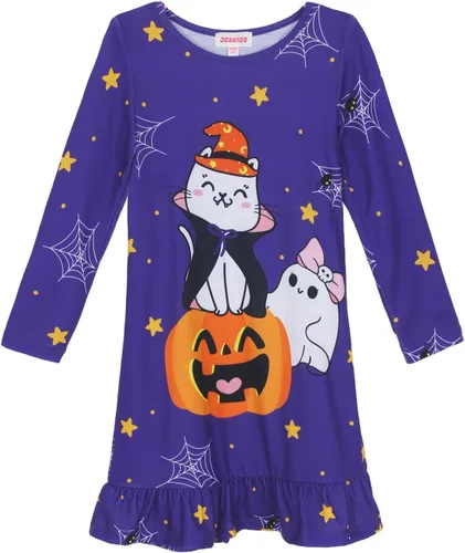 Vista 6 de JESKIDS Camisones de niñas de manga larga con estampado de dinosaurios, vestido de pijama Azul lindo perro